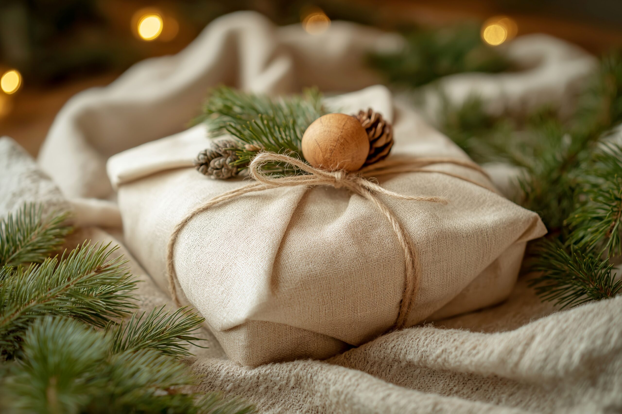 Ein stilvoll eingepacktes Geschenk in einem Stofftuch mit Naturdekoration