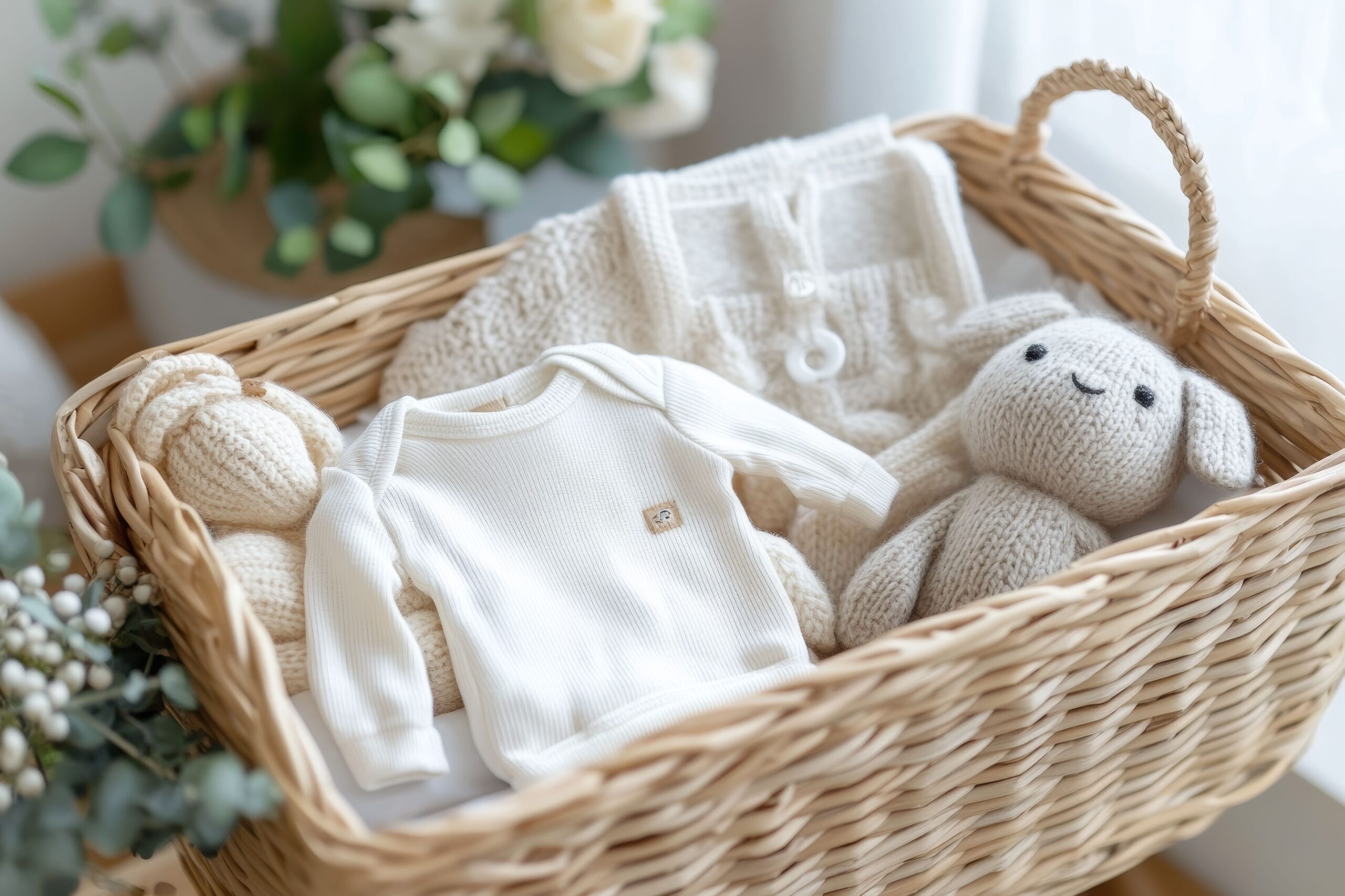 Nachhaltiger Präsentkorb mit handgemachten Babygeschenken aus Naturmaterialien