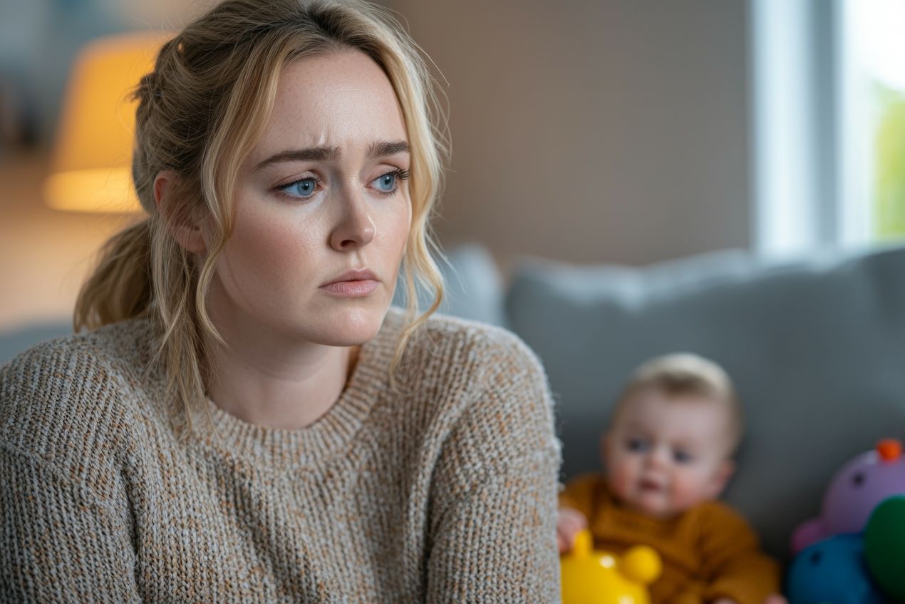 Eine junge Mutter mit besorgtem Blick sitzt auf dem Sofa, während ihr Baby im Hintergrund spielt. Drohende Kündigung in der Elternzeit? Ein Anwalt für Arbeitsrecht kann helfen.