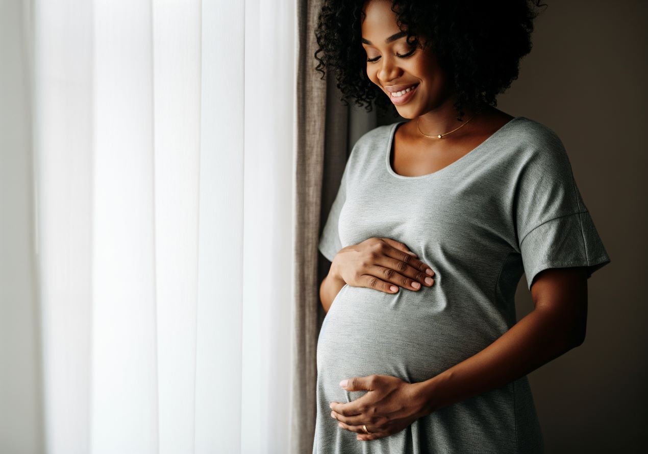 Eine glückliche schwangere Frau in grauem Kleid hält ihre Hände auf ihren Bauch. Was gilt rechtlich für Elternzeit? Ein Anwalt für Arbeitsrecht gibt Antworten.