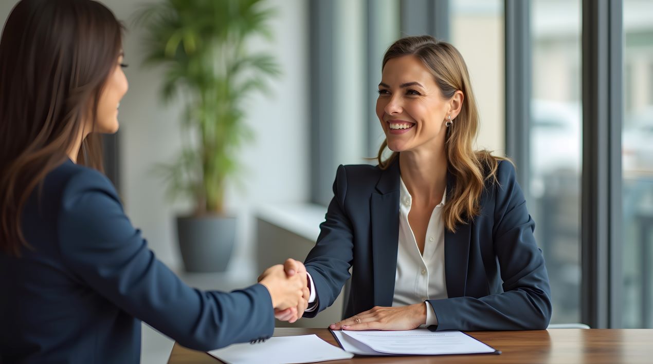 Zwei Frauen im Business-Outfit schütteln sich lächelnd die Hand bei einem Beratungsgespräch. Der richtige Anwalt für Arbeitsrecht kann Kündigungen während der Elternzeit anfechten.